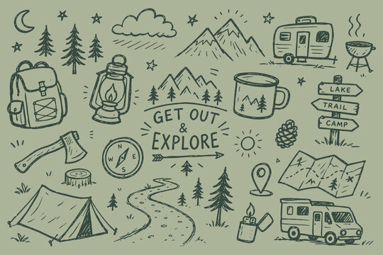 Camping Adventure Doodle Sketch Set Vector