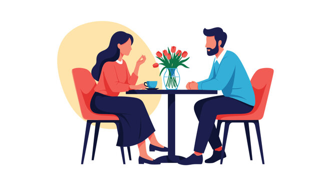 Romantic couple enjoys a quiet dinner date while sitting at a table decorated with a beautiful bouquet of red tulips in a cozy restaurant setting.