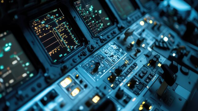 Aircraft flight deck instrument panels glowing with blue digital displays, illuminated switches and controls, showcasing modern aerospace technology, precision navigation and piloting systems