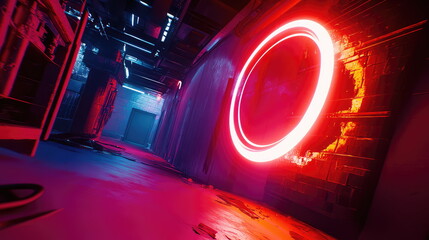 Fototapeta premium Futuristic dark industrial hallway with a bright glowing red neon ring generating a mysterious portal effect, creating an abstract concept of travel and alternate dimensions