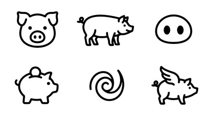 Pig Icons Set, Farm Animal Vector Graphics, Cute Swine Illustrations, Piggy Bank & Flying Pig © ROSE