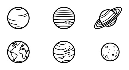 Vector Planet Icons Set: Earth, Moon, Saturn, Jupiter, Mars, Cosmic Spheres, Space Exploration Graphics © ROSE
