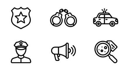 Police Icons Set: Badge, Handcuffs, Car, Officer, Megaphone, Magnifying Glass © ROSE