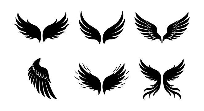 Black Angel Wings Vector Icons Set, Stylized Feathered Wings Graphics, Heraldic Symbols, Decorative Elements