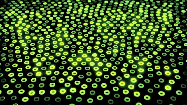 Close-up of glowing green circular dots forming a seamless pattern on black background