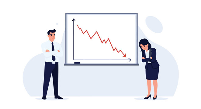 Business people reacting to a downward trend on a financial graph showing economic loss or significant corporate failure.