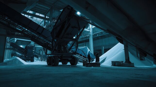 Warehouse workers oversee massive white granule piles and heavy machinery under cool blue lighting, supervising industrial processing, storage and conveyor operations in a factory