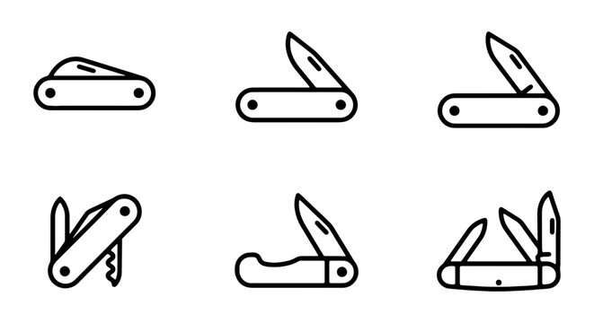 Pocket Knife Icons, Folding Utility Tools, Multi-tool Vector Set, Camping Gear Graphics