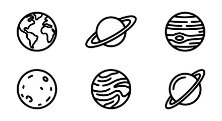 Minimalist Planet Icons, Solar System Celestial Bodies, Outline Space Vector Set for Education © MD