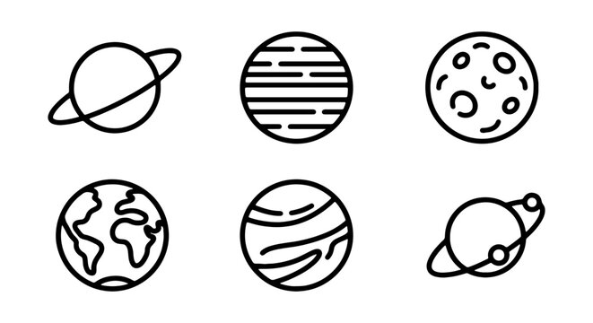 Minimalist Planet Icons, Solar System Celestial Bodies, Astronomical Vector Graphics for Science