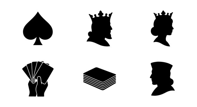 Playing Card Silhouette Vector Set, Black Spade Icon, King and Queen Profile, Gambling Game Elements