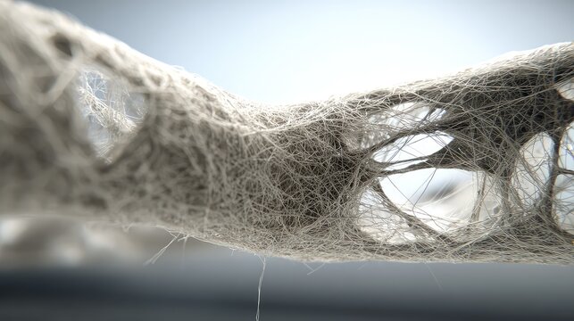 Complex network of microscopic biological fibers forming an intertwined structure, symbolizing connection, research, and scientific exploration with delicate textures