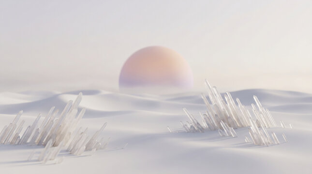 Minimal surreal white desert with translucent crystals and pastel sunrise sphere