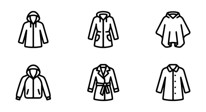 Outerwear clothing vector icon set, various jacket and coat designs, fashion apparel graphics