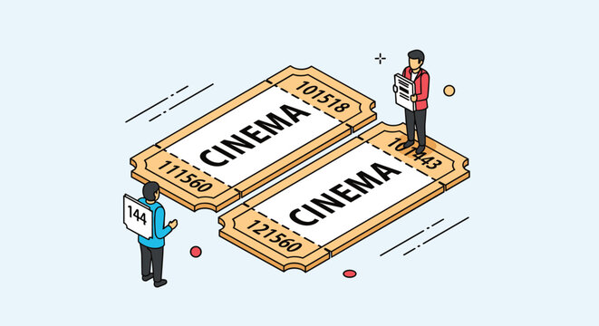 Isometric concept of people going to the movies with giant cinema entry tickets and small character figures in a theater setting.