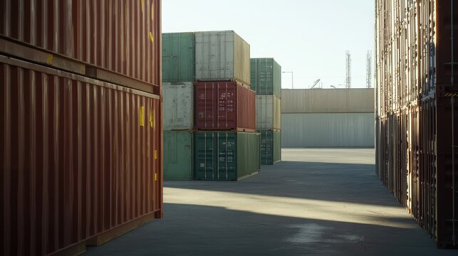 Stacked freight containers in an industrial shipping yard, highlighting global trade, intermodal transport and logistics, supply chain efficiency and large scale cargo movement