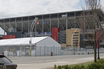 Naklejka premium distant view of BMO Field, a stadium, from Nova Scotia Av, Exhibition Place, Toronto
