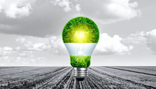Grass filled light bulb in grayscale field and sky, bright light within