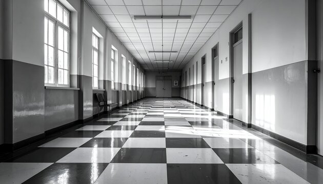 Long hospital hallway in grayscale with checkered floor