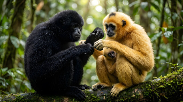 Close-up of two Hainan Gibbon in a forest setting