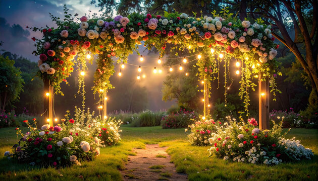 Floral archway with lit lights