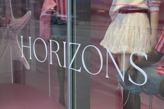 storefront display window with mannequins at Simons (part of their Horizons campaign) located at 260 Yonge St, CF Toronto Eaton Centre
