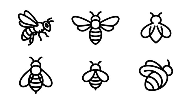 Minimalist Bee Icons Set, Vector Insect Graphics, Simple Flying Bug Illustrations