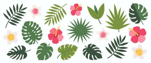 Tropical Leaves and Flowers Botanical Clipart Set with Monstera Palm and Hibiscus © Karmina