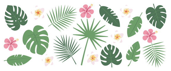 Tropical Leaves and Flowers Botanical Clipart Set with Monstera Palm and Hibiscus © Karmina