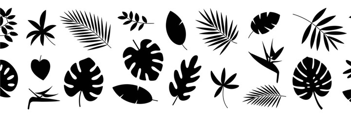 Tropical Leaf Silhouette Border Monstera Palm and Botanical Seamless Pattern © Karmina