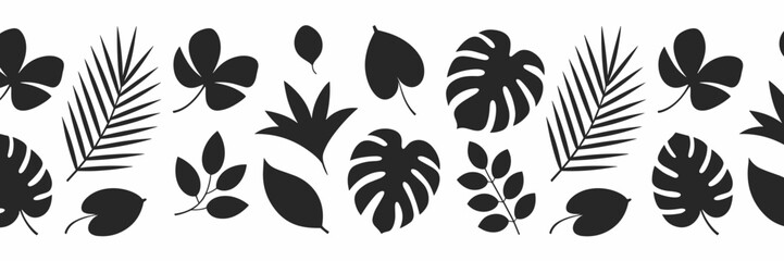 Tropical Leaf Silhouette Border Monstera Palm and Botanical Seamless Pattern © Karmina