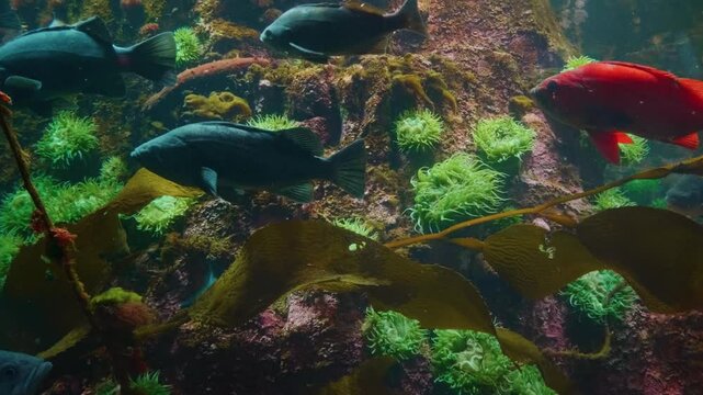 A black rockfish (Sebastes melanops) swims gracefully through a kelp forest exhibit at the Vancouver Aquarium in Stanley Park, Canada.