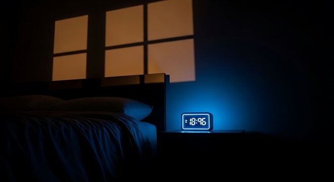 Dark room with a digital clock on nightstand next to bed, window's square light