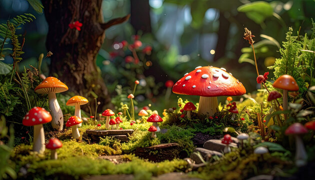 Vibrant forest scene with mushrooms nature and fantasy illustration