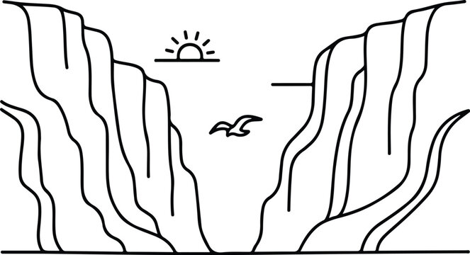 Minimalist line drawing of a canyon with a boat, line art