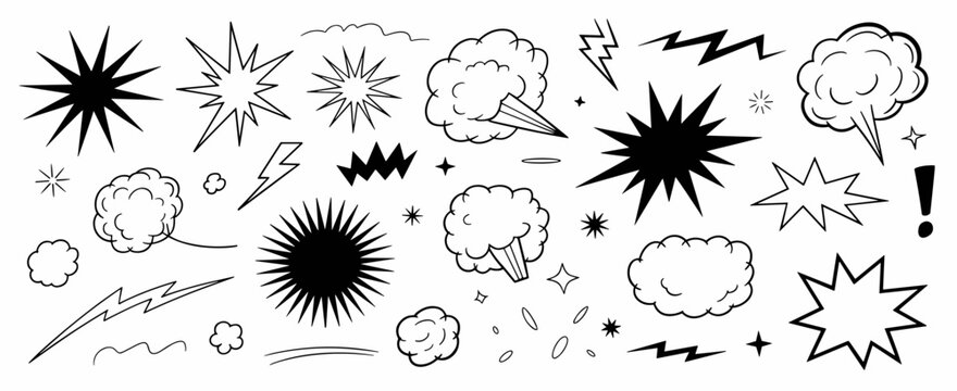 Hand Drawn Comic Explosion Bursts Smoke Clouds and Speech Effect Doodles Set