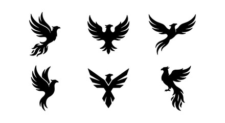 Naklejka premium Mythical Phoenix Vector Icons, Fiery Bird Silhouettes, Symbol of Rebirth, Set of 6