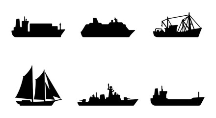 Diverse Ship Silhouettes Collection: Cargo, Cruise, Fishing, Sailboat, Warship, Tanker © KALA
