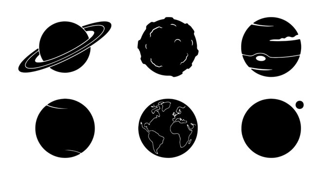 Vector Planets Set: Saturn, Earth, Jupiter, Moon, Asteroid Icons