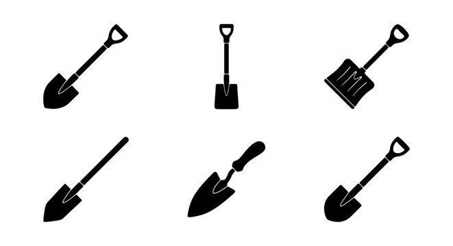 Garden Shovel Icons Set, Digging Tools Vector Collection, Gardening Equipment Silhouettes