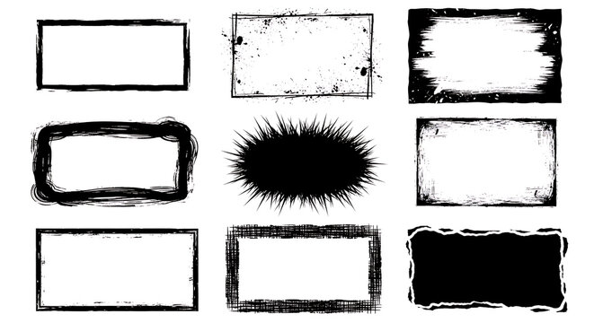 Set of various black grunge frames and rectangular borders on white background with rectangle distressed collection background illustration