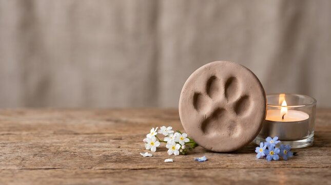 Paw Print Memorial with Candle and Flowers &ndash; Pet Remembrance Concept