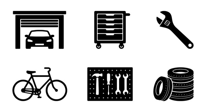 Automotive and Bicycle Repair Icons: Garage, Tools, Car, Bike, Wrench, Tires