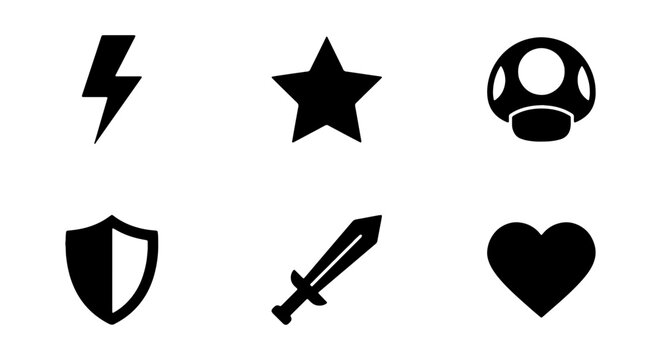 Retro Game Icons: Power, Star, Mushroom, Shield, Sword, Heart, Vector Set