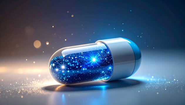 Pill filled with starry galaxy, on a bright, smooth surface
