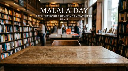 Malala day celebration with a large wooden table and bookshelves in a library with people © LENSORIA