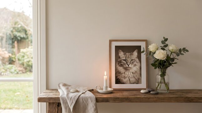 Cat Memorial with Flowers and Candle &ndash; Peaceful Pet Remembrance Concept