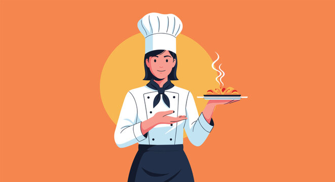 Professional female chef in white uniform and hat presenting a steaming hot plate of delicious pasta or food.