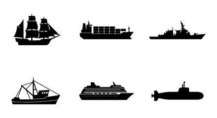 Fototapeta premium Maritime vessel silhouettes, diverse ship collection, naval transport, cargo, cruise, fishing boat vector set