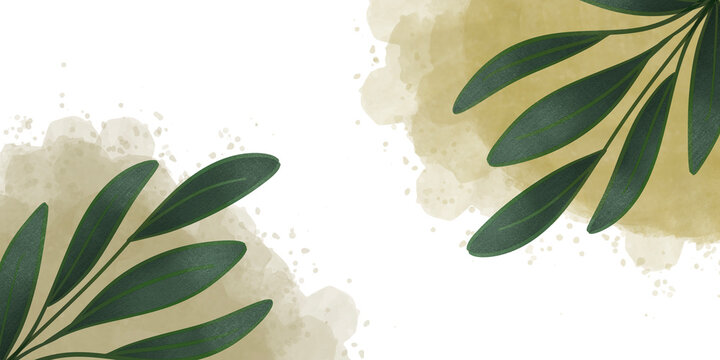 Elegant Dark Botanical Background with Golden Watercolor Textures and Green Leaves